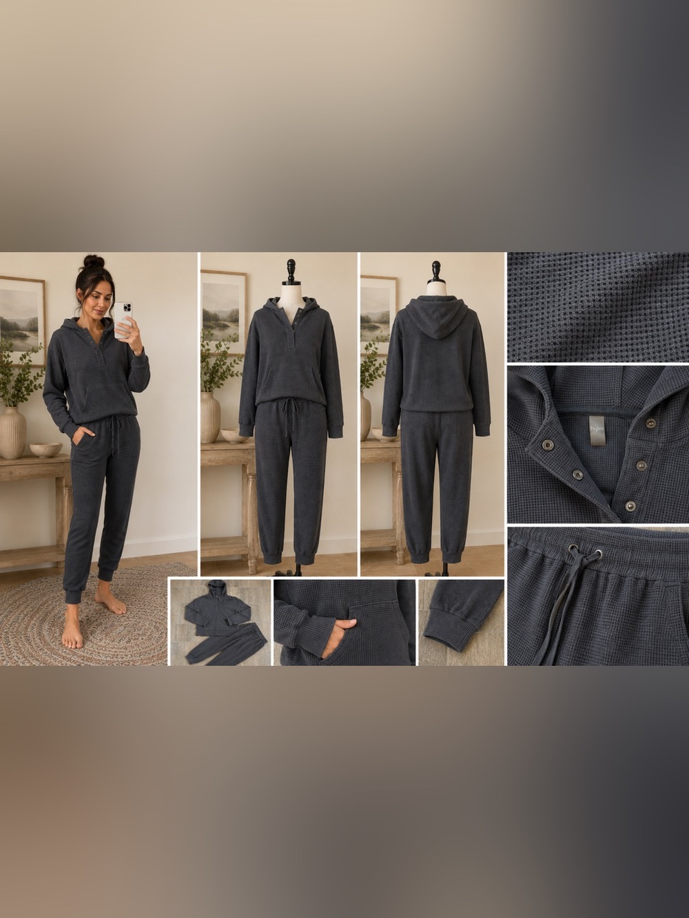 Hyba Charcoal Waffle Knit Hoodie & Jogger Matching Set